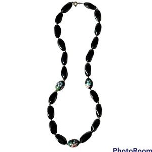 Vintage Chinese cloisonné and onyx beaded 12k gold filled necklace